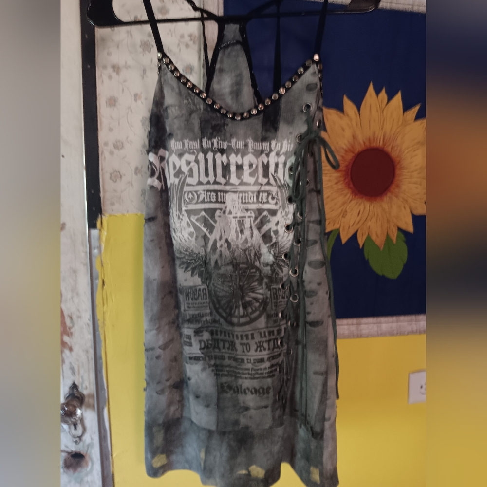 SALVAGE Vintage "Resurrection" Black & Gray Graphic Shredded Lace-Up Side Dress